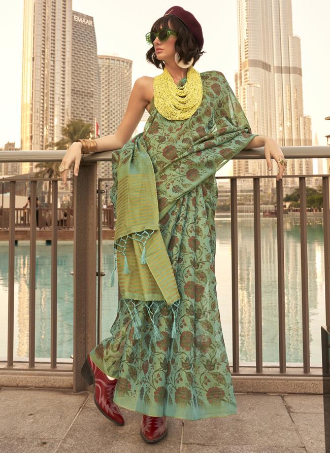 Tissue Green Festival Wear Printed Saree